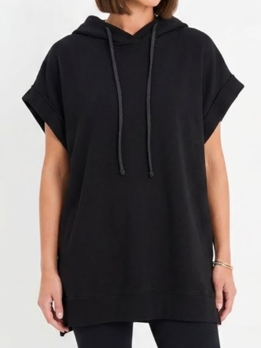 Planet by Lauren G French Terry Sleeveless Hoodie Black Slouchy Athleisure-OS